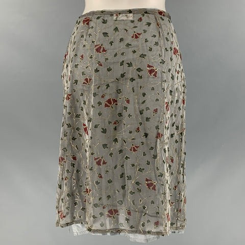 AGNÈS B. Size 6 Grey Green & Red Silk Abstract Floral A-Line Skirt