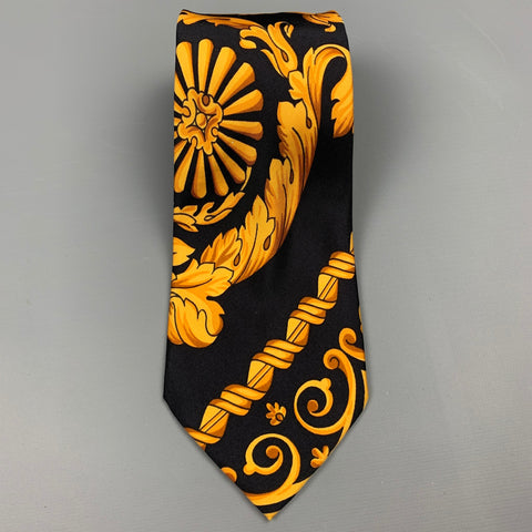 SAKS FIFTH AVENUE Black & Gold Baroque Silk Tie