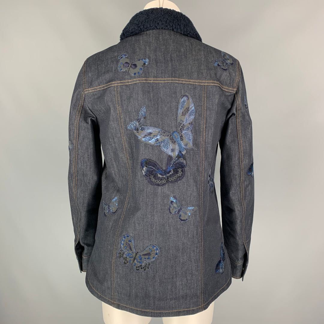 VALENTINO Size 6 Navy Embroidered Butterfly Cotton Sherling Collar Jacket