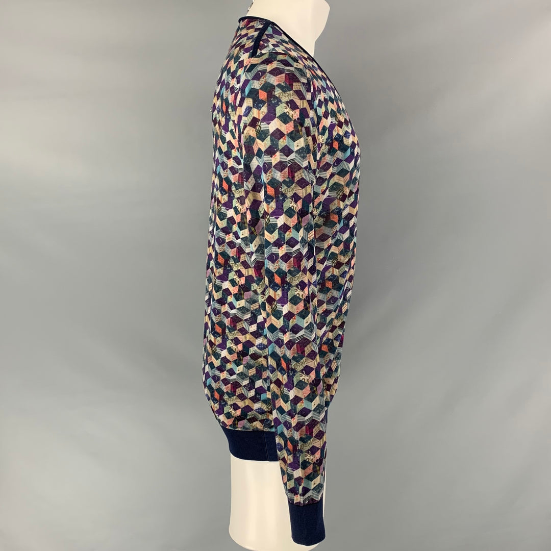 ALEXANDER MCQUEEN Size S  Navy Multicolour Mixed Patterns Silk &  Cotton Cardigan