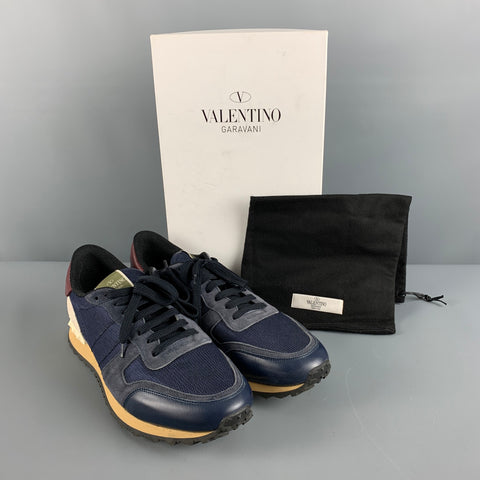 VALENTINO Size 12 Navy Mixed Materials Leather Lace Up Sneakers