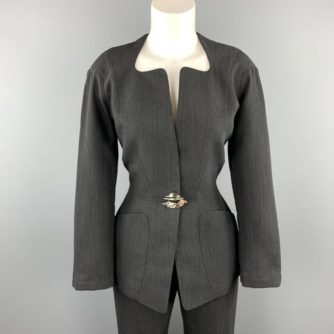 THIERRY MUGLER 8 Grey Striped Wool Silver Brooch Button Pants Suit