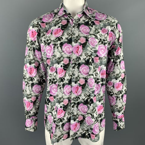 TED BAKER Size XL Black & Pink Floral Cotton Button Up Long Sleeve Shirt