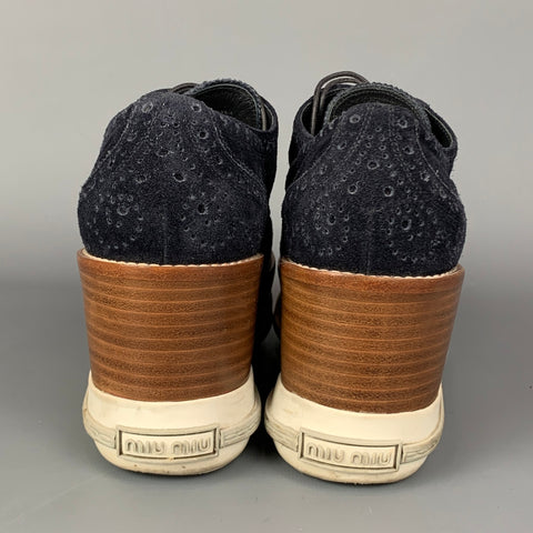 MIU MIU Size 8.5 Navy & Brown Suede Oxford Wedge Laces