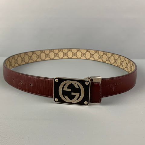 GUCCI Size 36 Beige Brown Guccisima Logo Leather Coated Canvas Reversible Belt