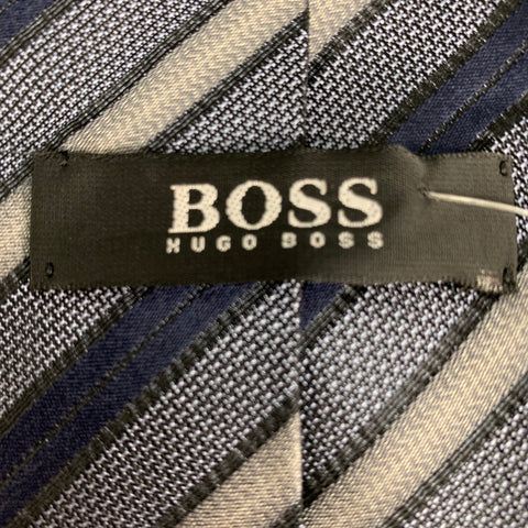 HUGO BOSS Charcoal, Black and Dark Blue Strip Silk Tie