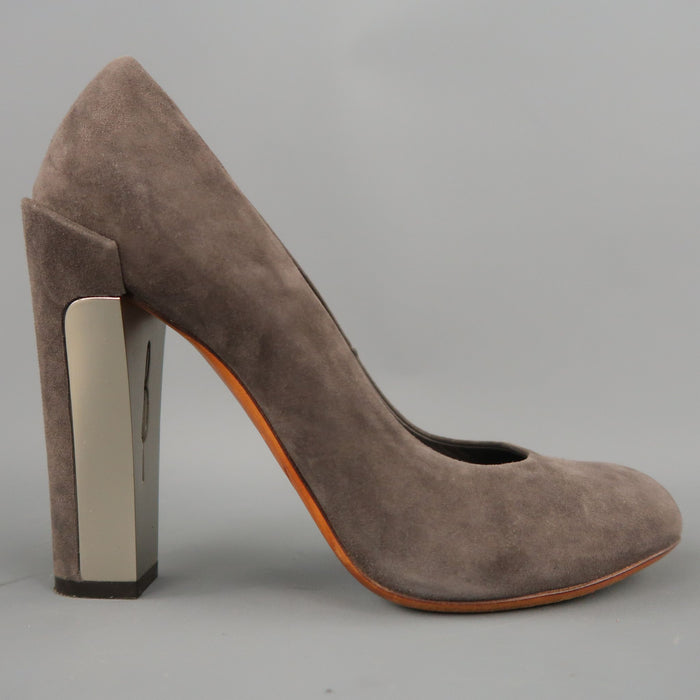 BRIAN ATWOOD Size 7.5 Taupe Suede Metal Chunky Heel Pumps