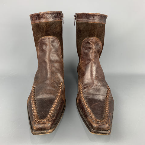 DSQUARED2 Taille 12 Bottes en cuir marron avec fermeture éclair latérale et coutures en détresse