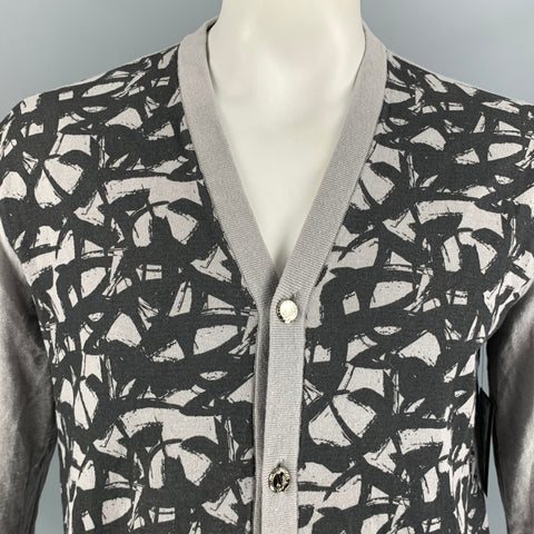 VERSACE JEANS Size XL Grey Charcoal Abstract Cotton & Linen V-Neck Cardigan