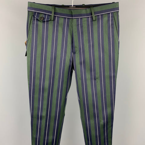 BURBERRY Taille 36 Costume à revers cranté en laine / coton à rayures verticales vert et bleu marine régulier