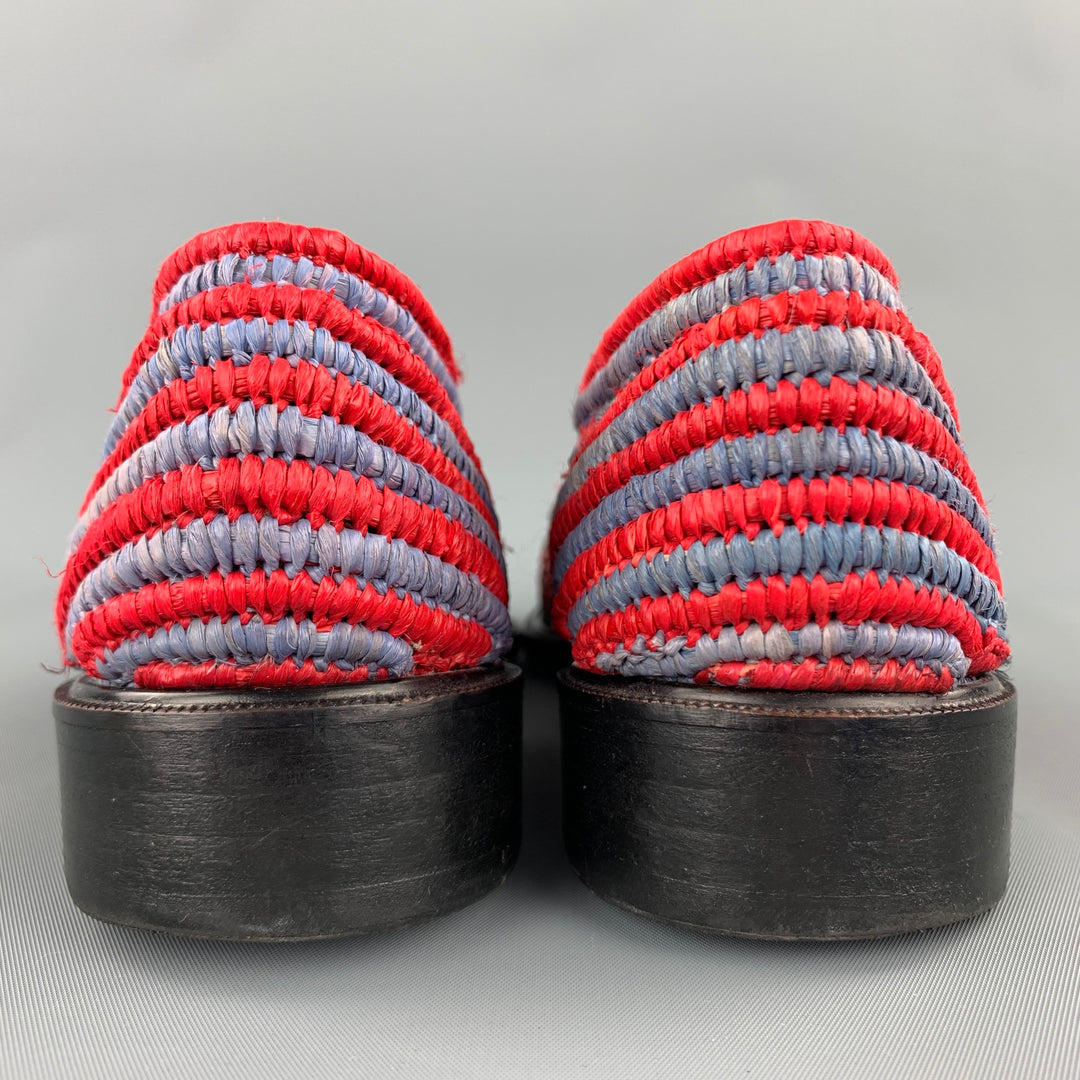 ROBERT CLERGERIE Size 7.5 Red & Blue Hand Woven Raffia Moccasins