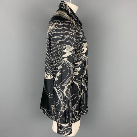 HERMES Le Pegase d'Hermes by Christian Renonciat Size L Black & Beige Print Silk Button Up Long Sleeve Shirt