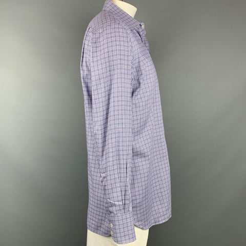 TOM FORD Size XL Navy & White Plaid Cotton Button Up Long Sleeve Shirt