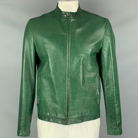 LAVORAZIONE ARTIGIANA Size 46 Green Leather Zip Up Jacket