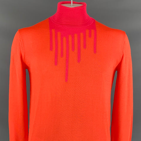 WALTER VAN BEIRENDONCK Size XL Orange & Fuchsia Dripping Polyester Turtleneck Sweater