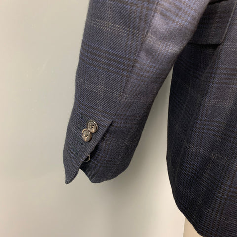 BRIONI Size 39 Navy Plaid Silk / Wool Notch Lapel Custom Sport Coat