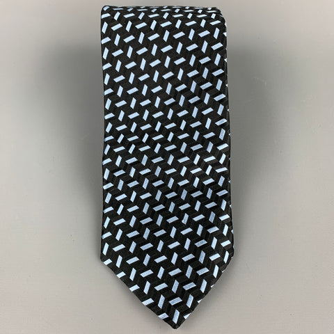 ERMENEGILDO ZEGNA Black & Light Blue Geometric Silk Tie