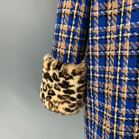 MARC JACOBS Size 2 Blue & Tan Wool / Polyamide Plaid Rabbit Fur Crystal Buttons Coat