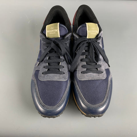 VALENTINO Size 12 Navy Mixed Materials Leather Lace Up Sneakers