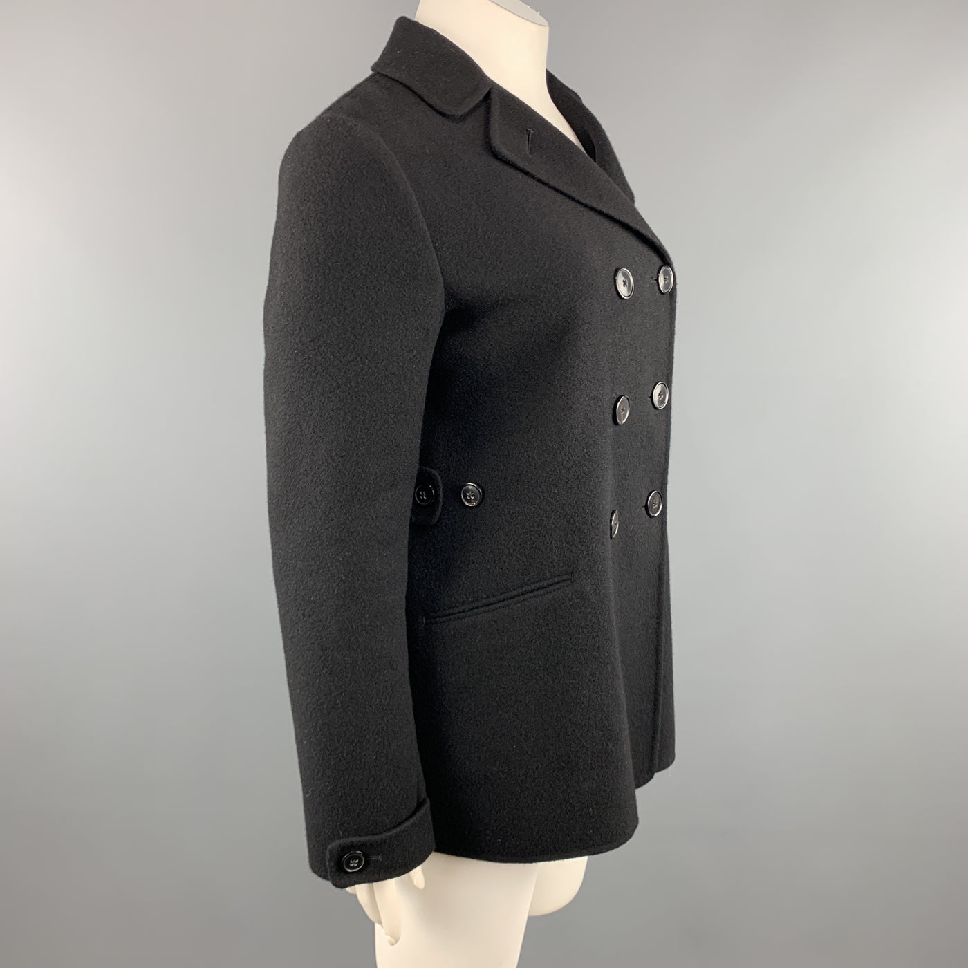 JIL SANDER Size 10 Black Cashmere Flannel Double Breasted Knit Coat