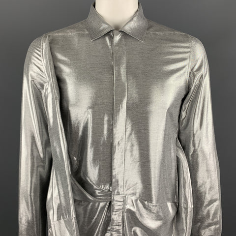 RICK OWENS FW19 Size 8 Silver Viscose Blend Hidden Buttons Asymmetrical Long Sleeves Shirt