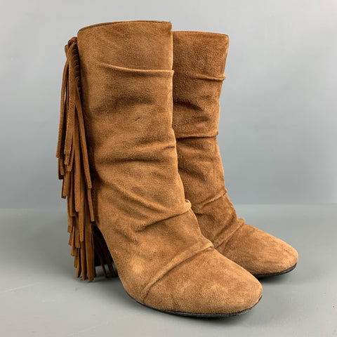 GIUSEPPE ZANOTTI Talla 7.5 Botas de tacón grueso con flecos de ante marrón