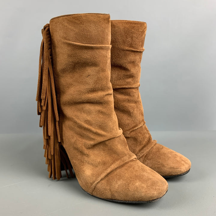 GIUSEPPE ZANOTTI Size 7.5 Brown Suede Fringe Chunky heel Boots