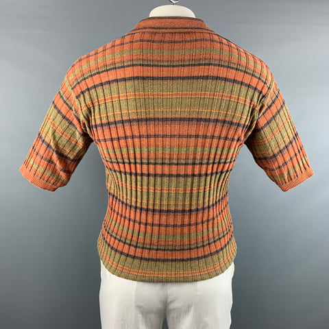 ERMENEGILDO ZEGNA Size L Orange Green Stripe Cotton Blend Short Sleeve Polo