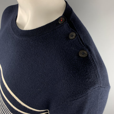 RALPH LAUREN Size XL Navy & Cream Stripe Cotton / Cashmere Side Buttons Pullover Sweater