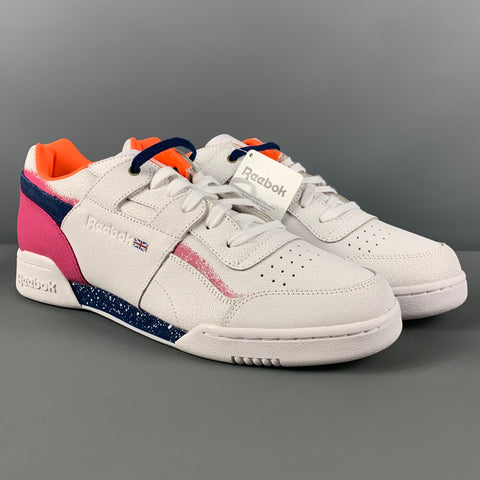 REEBOK Size 10.5 White Magenta Color Block Leather Lace Up Sneakers