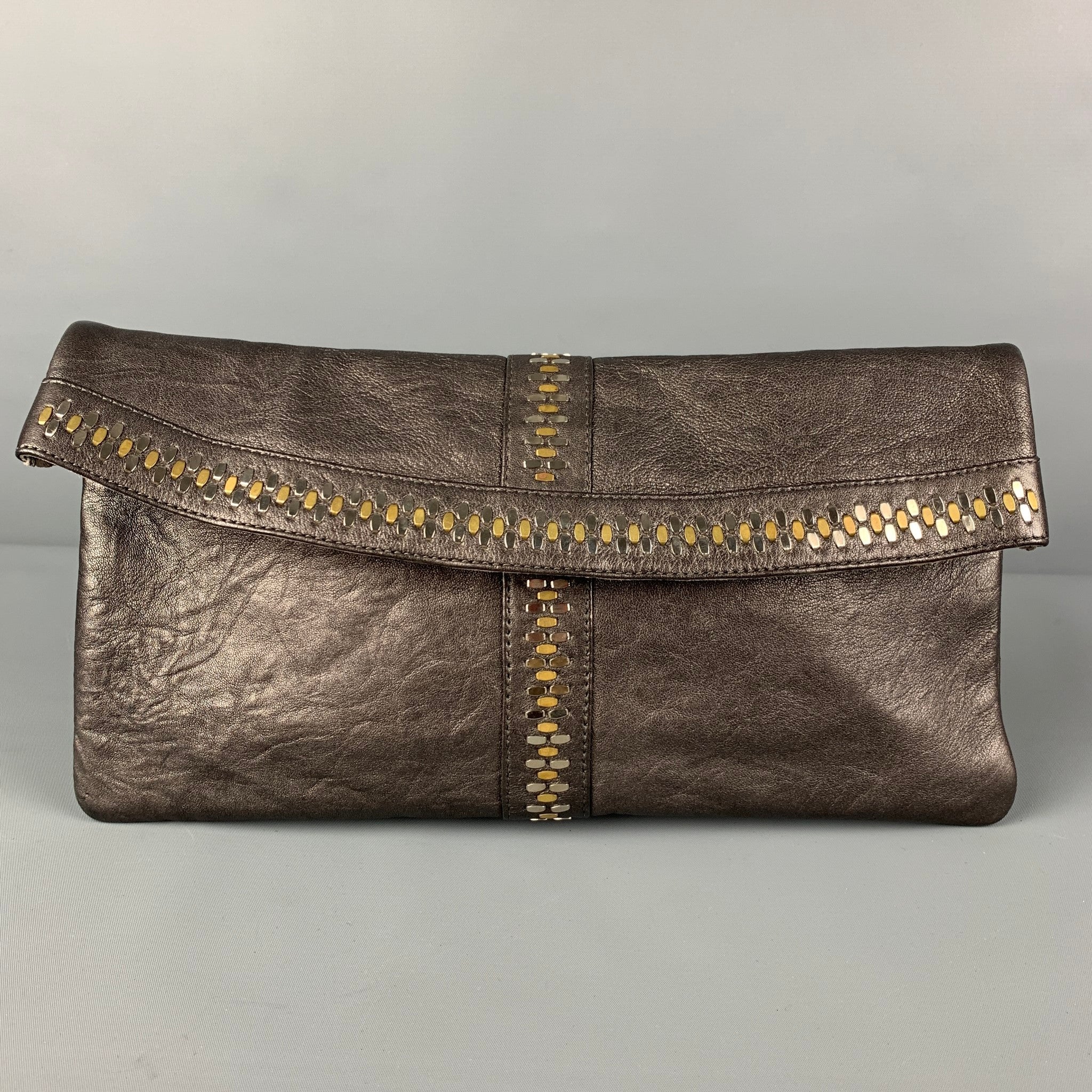 CALLEEN CORDERO Grey Silver Gold Studded Leather Clutch Sui