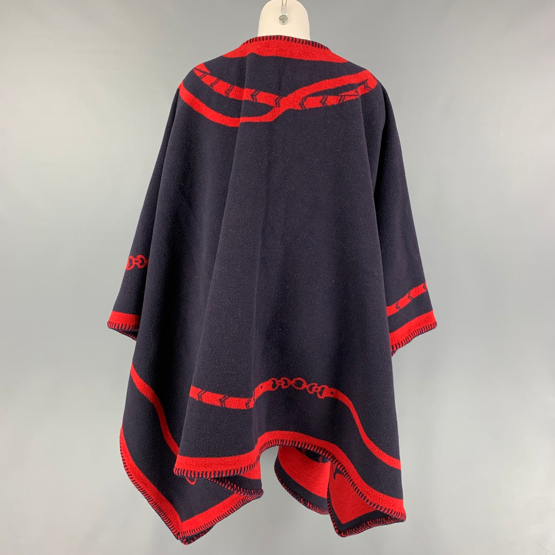 RALPH LAUREN Size One Size Navy Red Wool Nylon Equestrian Leather Trim Cape