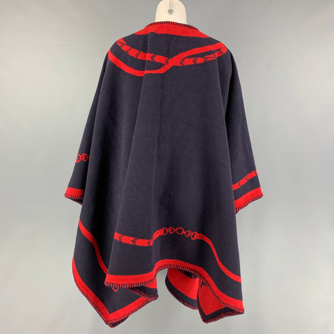 RALPH LAUREN Taille Unique Marine Rouge Laine Nylon Équestre Garniture en Cuir Cape