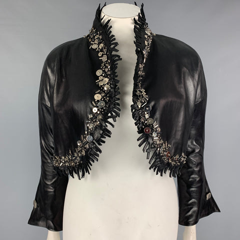 CLAUDE MONTANA Talla 10 Chaqueta corta con flecos de cuero negro