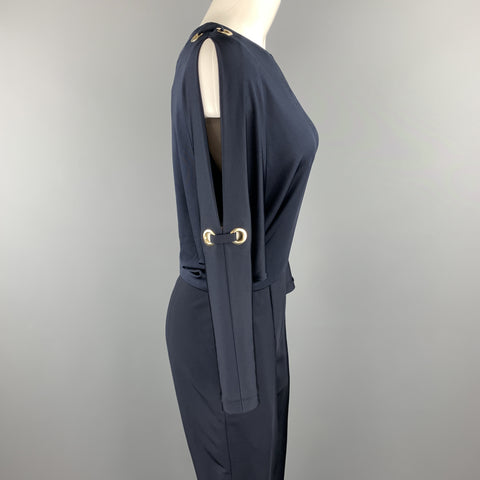 ESCADA Size 6 Navy Grommet Cold Shoulder Batwing Sleeve Jumpsuit