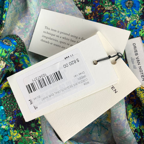 DRIES VAN NOTEN S/S 20 Size S Green & Blue Beaded Viscose Button Up Long Sleeve Shirt