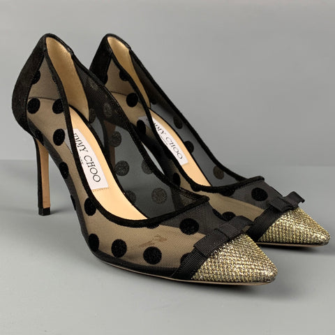 JIMMY CHOO Talla 6.5 Zapatos de tacón con lunares de malla en negro y dorado