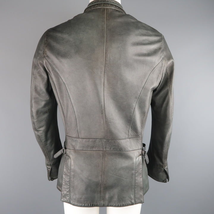 UN SOLO MONDO L Charcoal Distressed Leather Peak Lapel Jacket