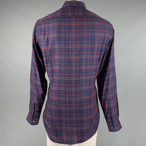 ETRO Size XL Navy Red Plaid Lyocel Cotton Button Up Long Sleeve Shirt