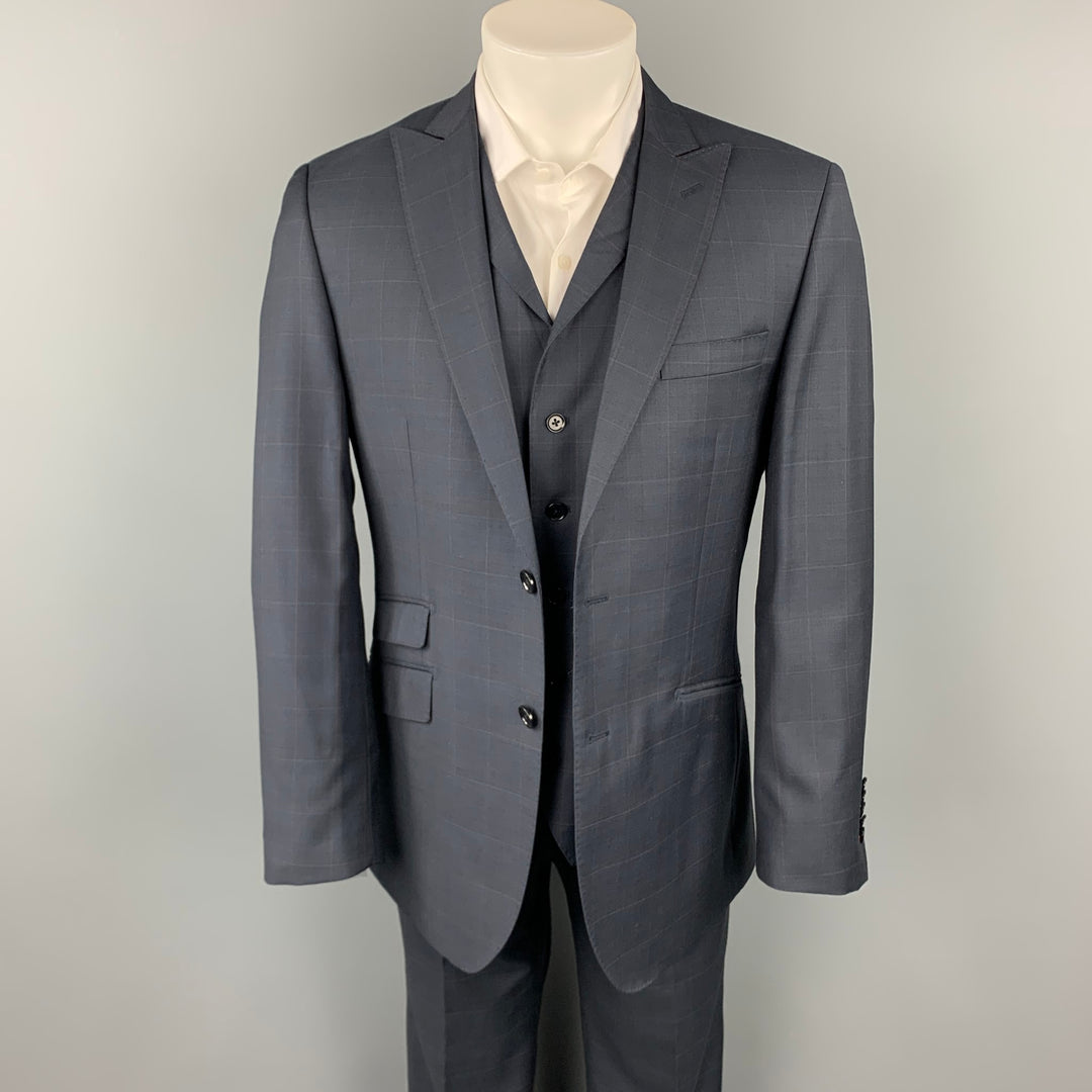 ENGLISH LAUNDRY Arrogant Size 40 Navy Plaid Lana Wool Peak Lapel 3 Piece Suit