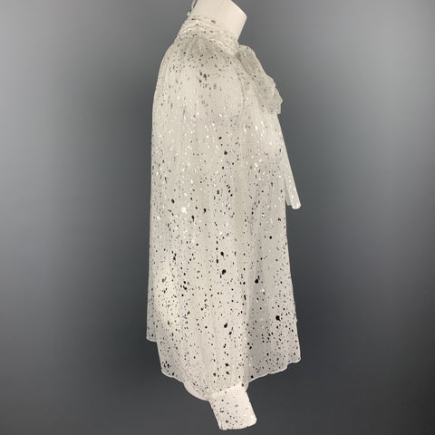MSGM Size 8 White & Silver Metallic Splatter Silk Bow Collar Blouse