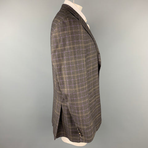 ISAIA Size 46 Charcoal & Purple Plaid Wool / Cashmere Notch Lapel Sport Coat