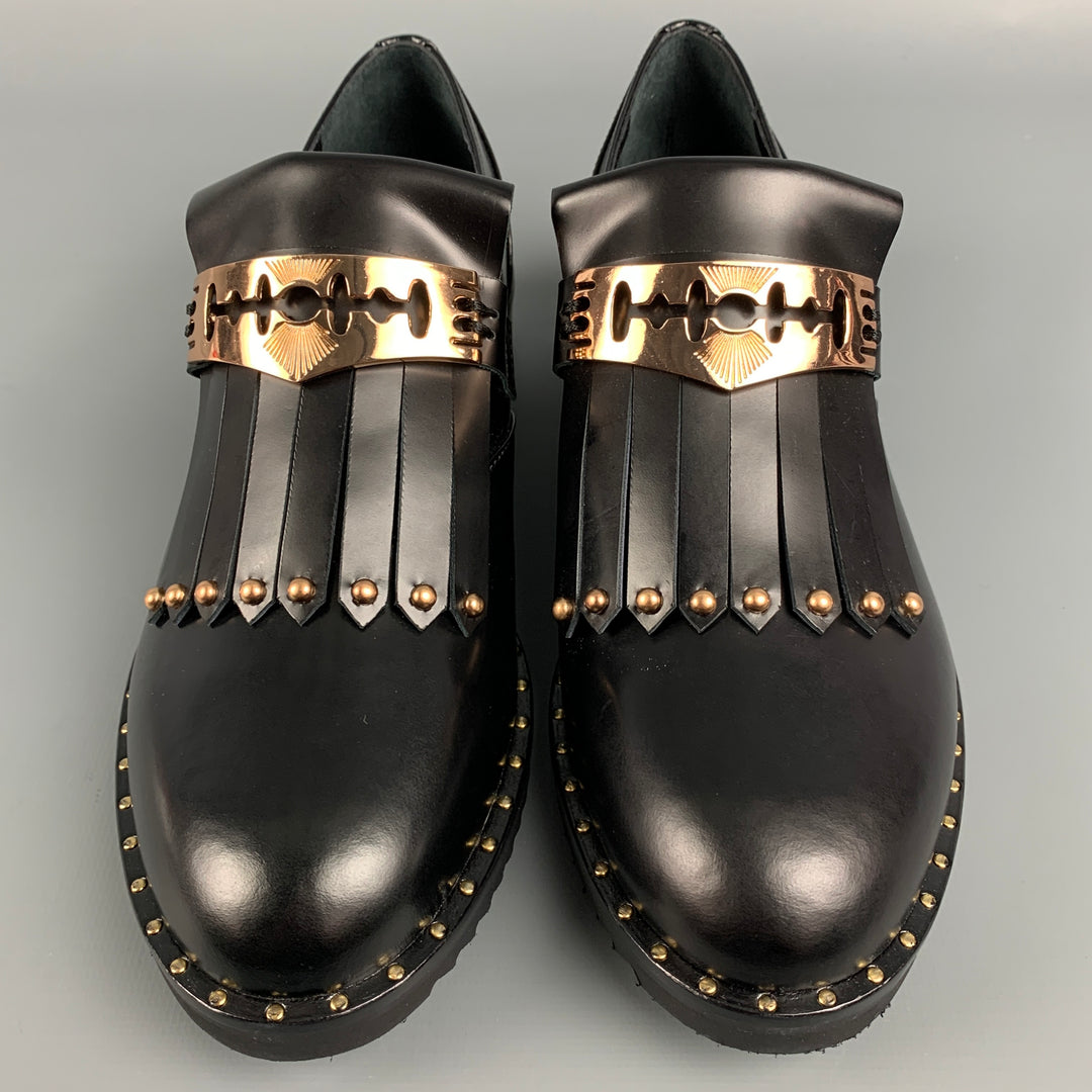 IVY KIRZHNER Size 6.5 Black & Gold Leather Fringe Studded Barnaby Flats