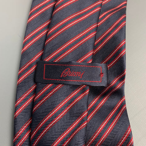 BRIONI Navy & Red Stripe Silk Tie