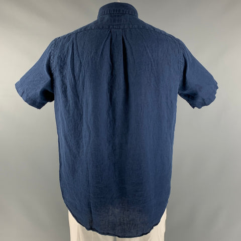 RALPH LAUREN Talla L Camisa de manga corta con botones de lino liso azul marino