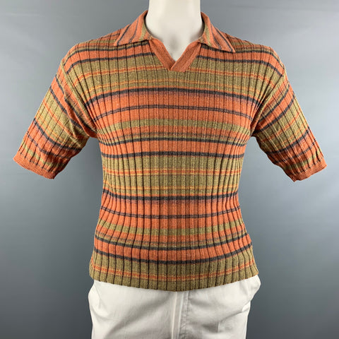 ERMENEGILDO ZEGNA Size L Orange Green Stripe Cotton Blend Short Sleeve Polo