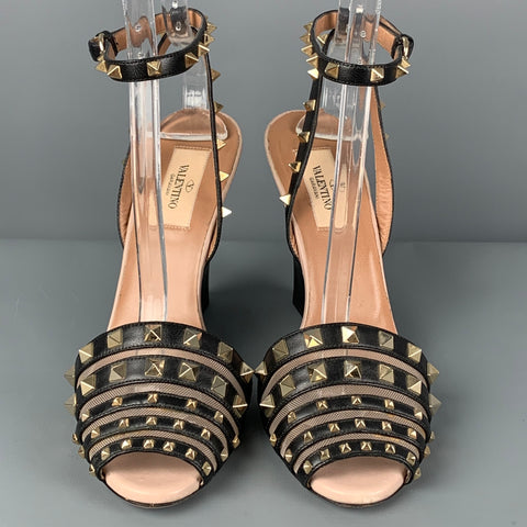VALENTINO Size 8.5 Black Leather Rockstud Ankle Strap Wedges