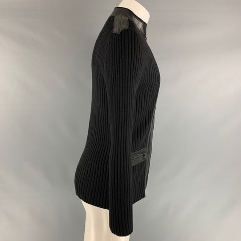 LANVIN Size 40 Black Ribbed Knit Wool Blend Zip Up Jacket