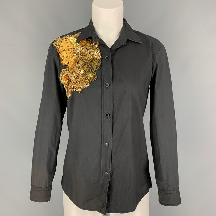 DRIES VAN NOTEN Size 4 Slate Gold Cotton Beaded Long Sleeve Blouse