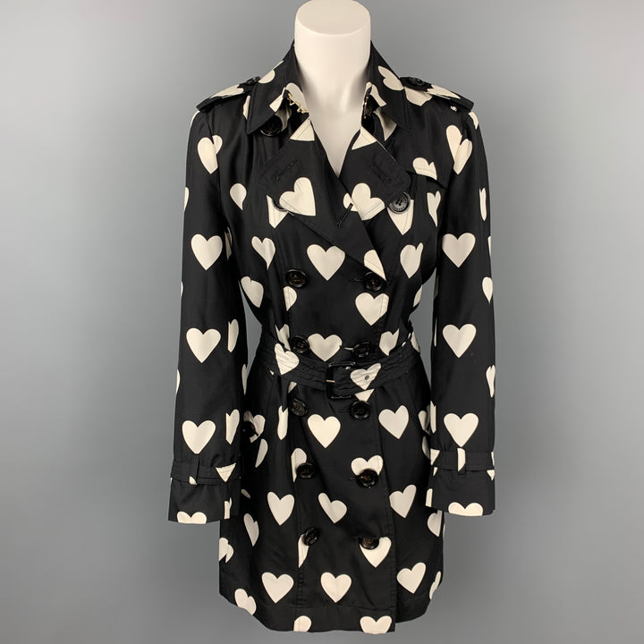 BURBERRY Circa 2017 Size 10 Black & White Heart Print Silk / Wool Trench Coat